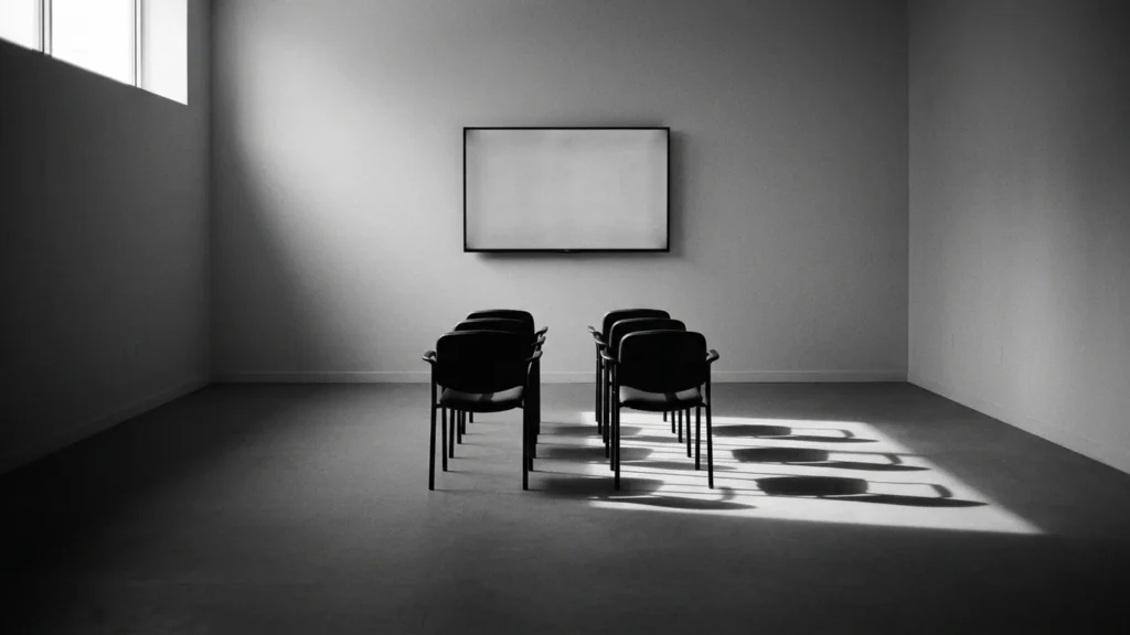 Sala vazia em preto e branco: seis cadeiras em duas filas de três, vistas por trás, estão voltadas para uma tela grande e clara, sem imagem, presa na parede; a luz de uma janela à esquerda projeta no piso a sombra das cadeiras.