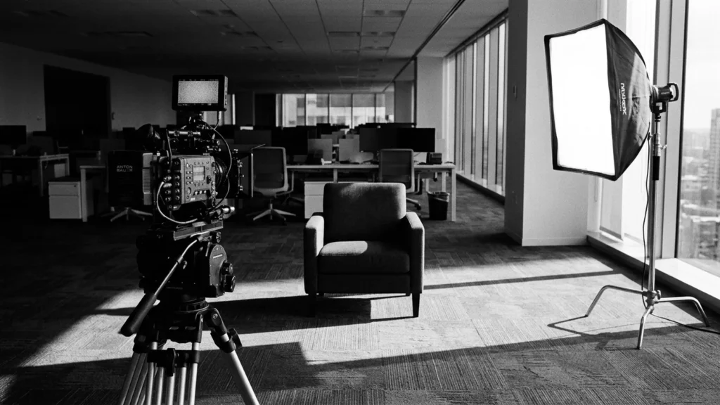 Set de entrevista montado num escritório: câmera de cinema no tripé, poltrona e refletor diante de janelas altas, em preto e branco.