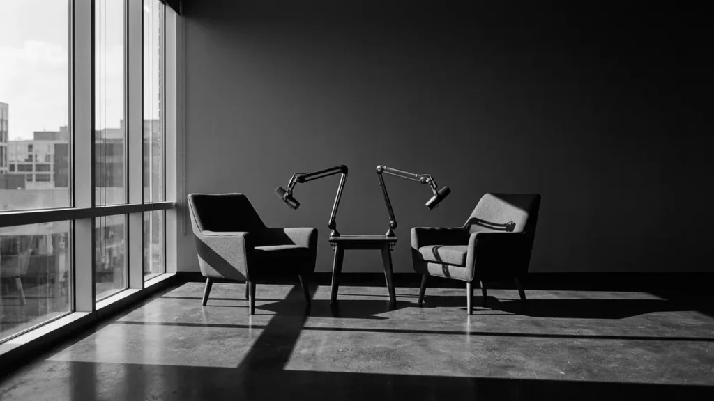 Foto em preto e branco de uma sala preparada para a gravação de um videocast: duas poltronas vazias frente a frente, uma mesa baixa com dois microfones em braços articulados e a luz da janela desenhando sombras no piso. Imagem gerada por IA.